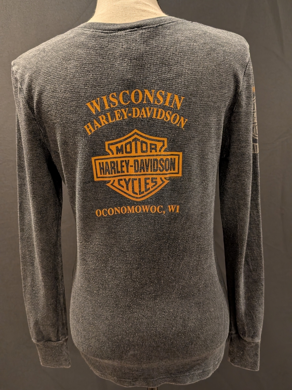 Harley-Davidson Gray V-Neck Long Sleeve Tee with Skull & Flame Graphic - Picture 4 of 7